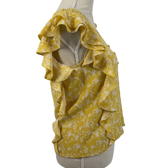 BB Dakota Womens All The Frills Ruffle Crepe V Neck Yellow Floral Blouse Small - Picture 5 of 11